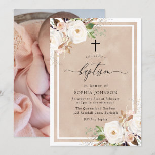 White & Blush Flowers Baby Girl Photo Baptism Invitation