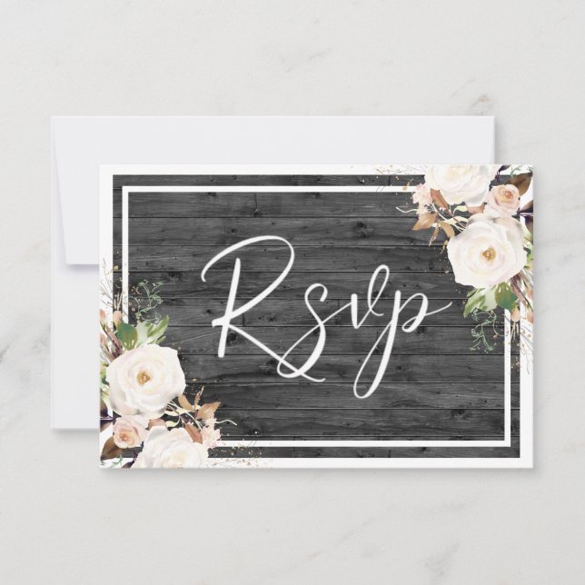 White & Blush Flowers Charcoal Rustic Wood Wedding RSVP Card (Front)