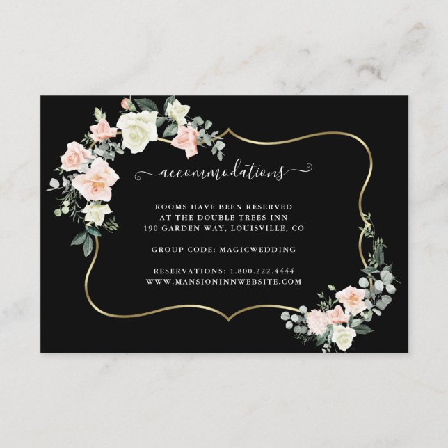 White Blush Flowers Gold Wedding Accommodations Enclosure Card (Front)