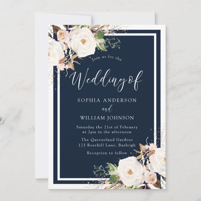 White & Blush Flowers Navy Indigo Wedding Invitation (Front)