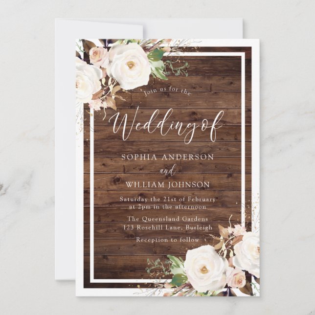 White & Blush Flowers Rustic Wood Wedding Invitation (Front)