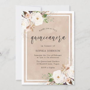 White & Blush Flowers Watercolor Quinceanera Party Invitation
