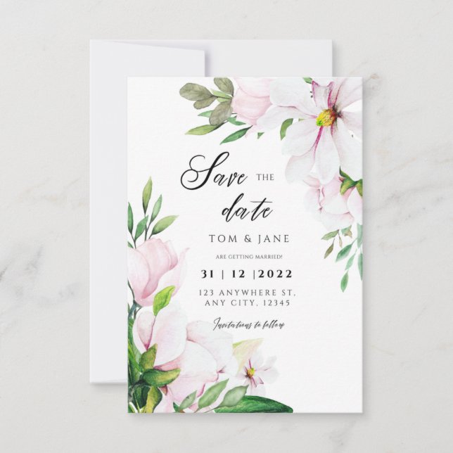 White Blush Green Magnolia Style Floral RSVP Card (Front)