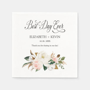 White Blush Magnolia Floral Best Day Ever Wedding Napkin