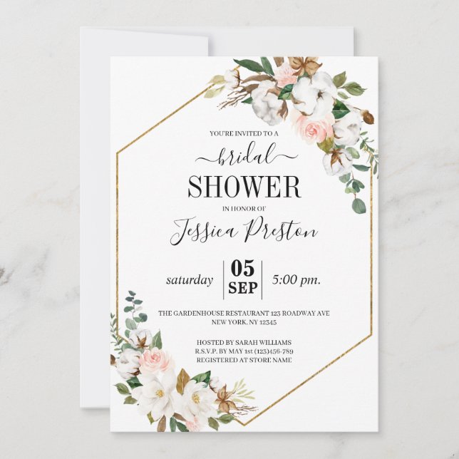 White & Blush Magnolia Floral Bridal Shower Invitation (Front)