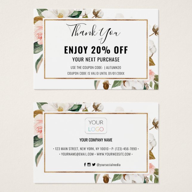 White Blush Magnolia Floral Discount Coupon Card (Front & Back)