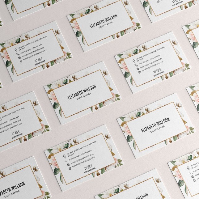 White & Blush Magnolia Floral Gold Glitter Frame Business Card (Creator Uploaded)