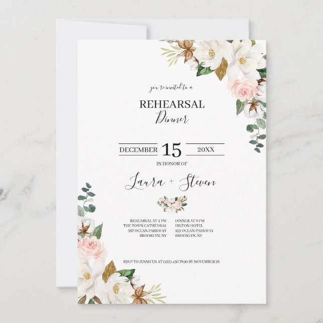 White & Blush Magnolia Floral Rehearsal Dinner (Front)