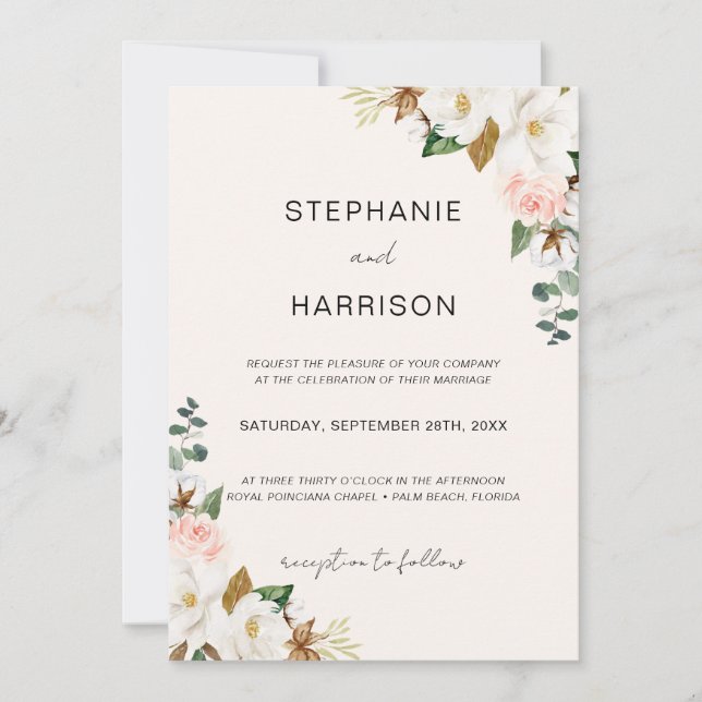 White & Blush Magnolia Floral Wedding QR Code Invitation (Front)