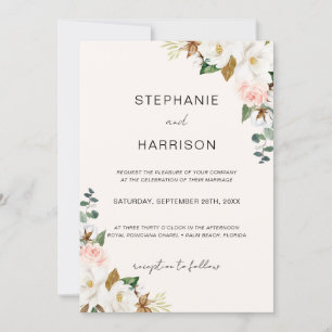 White & Blush Magnolia Floral Wedding QR Code Invitation