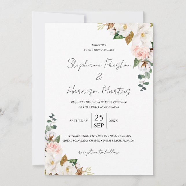 White & Blush Magnolia Floral Wedding QR Code Invitation (Front)