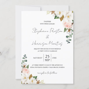 White & Blush Magnolia Floral Wedding QR Code Invitation