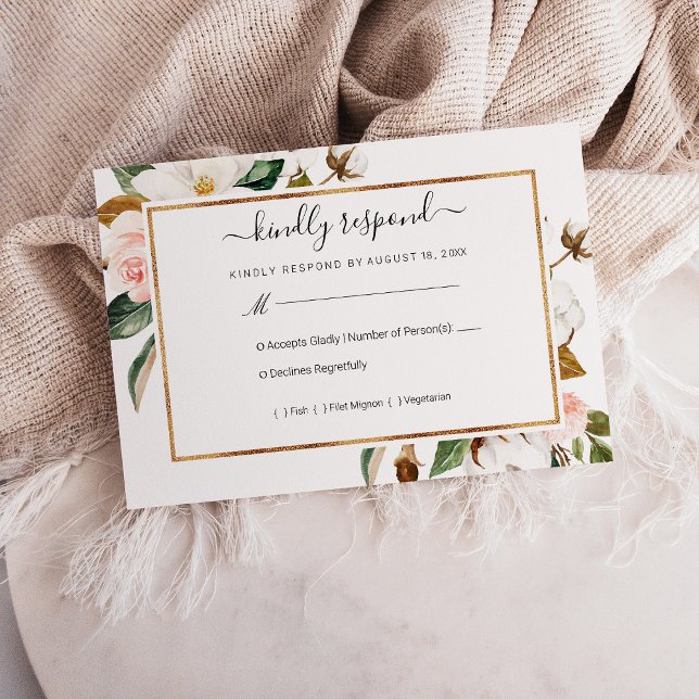 White & Blush Magnolia Floral Wedding RSVP (White & Blush Magnolia Floral Wedding RSVP Card)