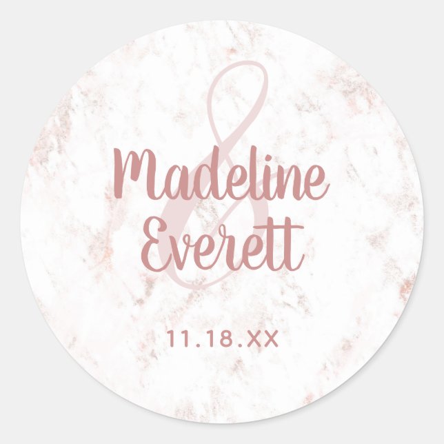White Blush Marble and Rose Gold Monogram Wedding Classic Round Sticker (Front)