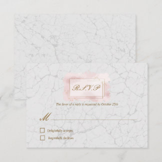 White & Blush Marble Gold Frame Wedding RSVP card