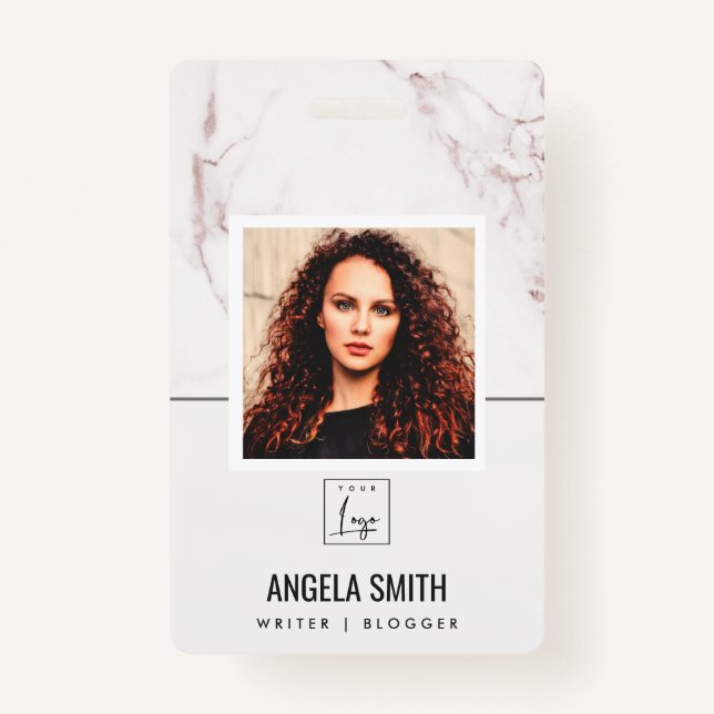 WHITE BLUSH MARBLE TEXTURE EMPLOYEE PHOTO BARCODE ID BADGE (Front)