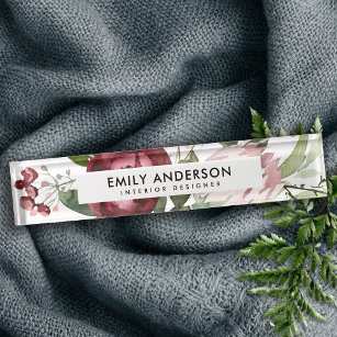 WHITE BLUSH PINK BURGUNDY PROTEA FLORAL WATERCOLOR NAMEPLATE