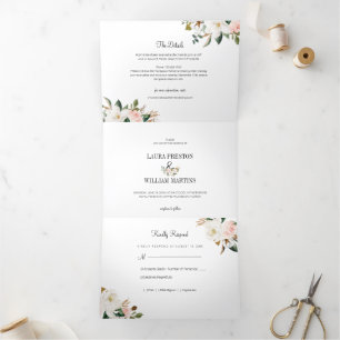 White & Blush Pink Magnolia Blossom Wedding Photo Tri-Fold Invitation