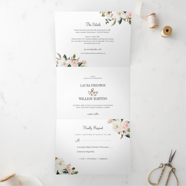 White & Blush Pink Magnolia Blossom Wedding Photo Tri-Fold Invitation (Inside)