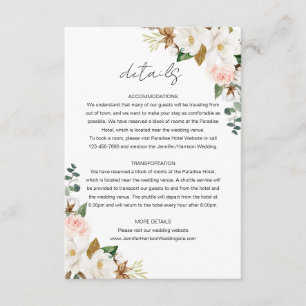 White & Blush Pink Magnolia Floral Wedding Details Enclosure Card