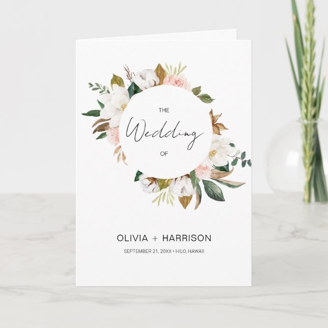 White & Blush Pink Magnolia Floral Wedding Folded Programme (Front)