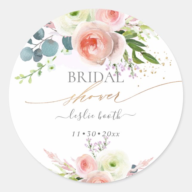 White Blush Pink Peonies Bridal Shower Invitation Classic Round Sticker (Front)