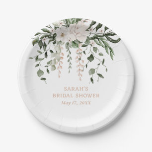 White Blush Pink Rose Bridal Shower Paper Plate