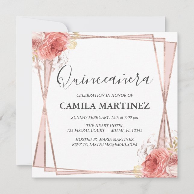 White Blush Pink Rose Gold Quinceanera Party Invitation (Front)