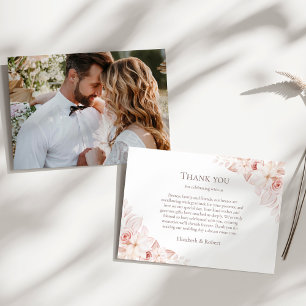 White & Blush Pink Roses Couple Photo Wedding Thank You Card