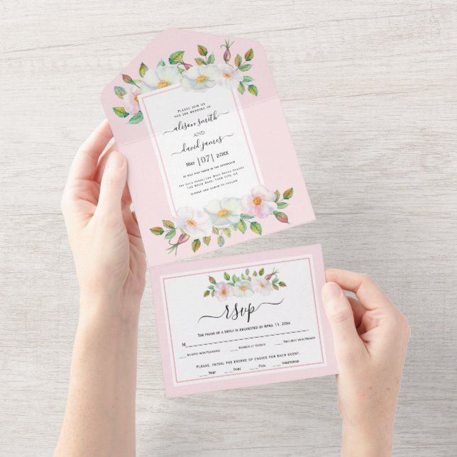 White, blush pink wild rose floral pink wedding  all in one invitation (Tearaway)