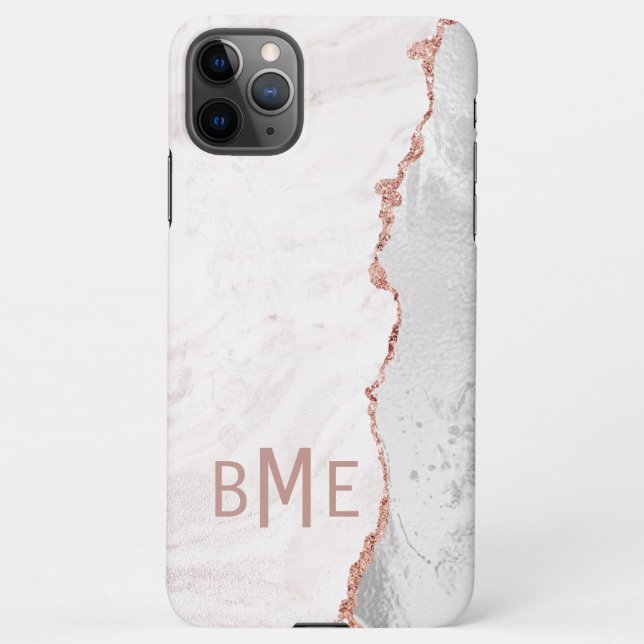 White Blush & Rose Gold Agate Marble Monogram iPhone Case (Back)