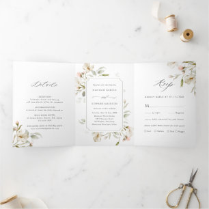 White Blush Sage Elegant Floral Wedding Tri-Fold Invitation