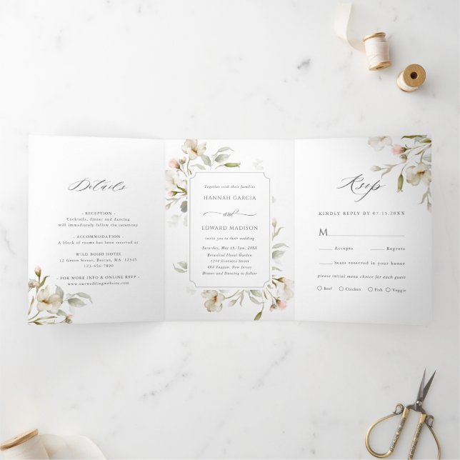 White Blush Sage Elegant Floral Wedding Tri-Fold Invitation (Inside)
