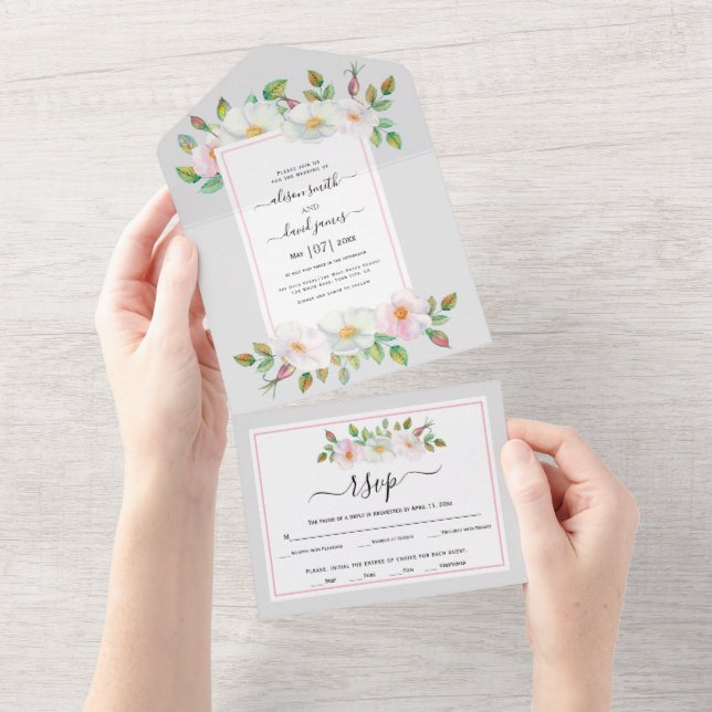 White, blush wild rose floral light grey wedding  all in one invitation (Tearaway)