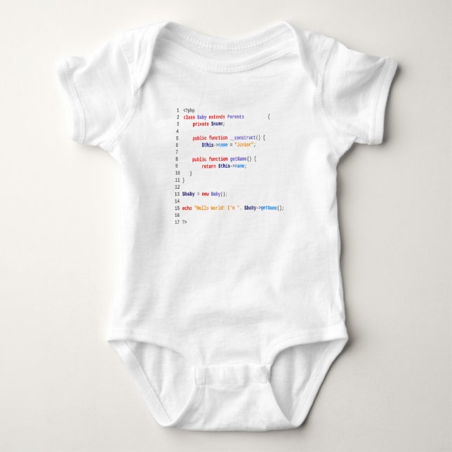 White Body baby hello world php Bodysuit (Front)