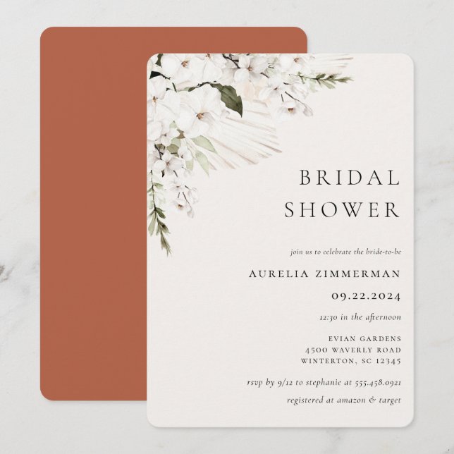 White Bohemian Floral Bridal Shower Invitation (Front/Back)