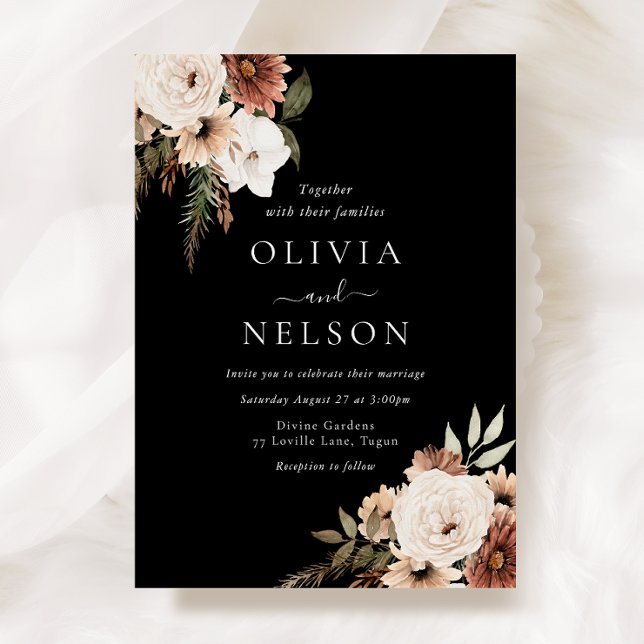 White Bohemian Floral Modern Black Wedding Invitation (Creator Uploaded)