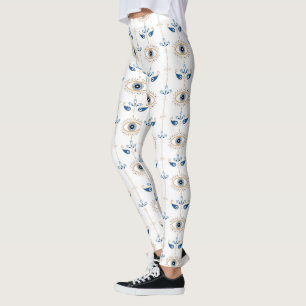 White bohemian retro evil eye pattern leggings
