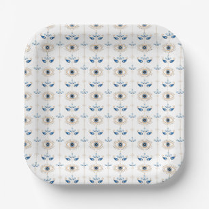 White bohemian retro evil eye pattern paper plate