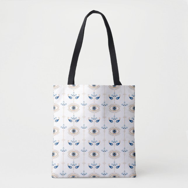 White bohemian retro evil eye pattern tote bag (Front)