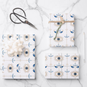 White bohemian retro evil eye pattern wrapping paper sheet