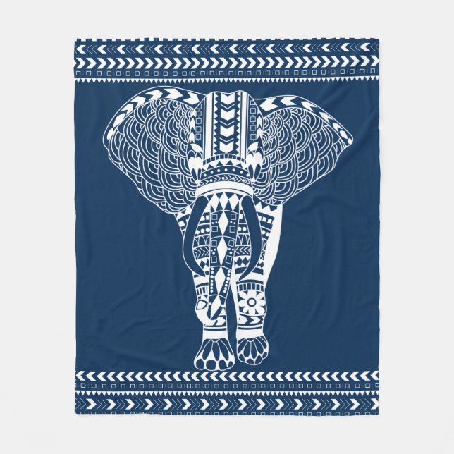 White Bohemian Tribal Elephant Fleece Blanket (Front)