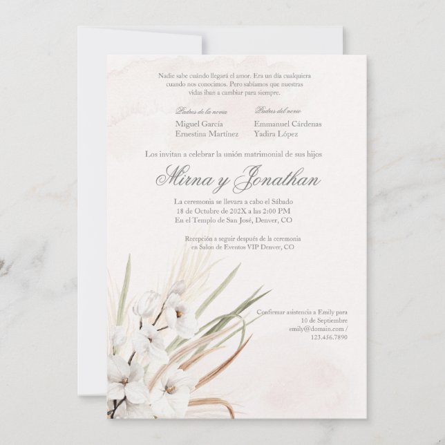 White Boho Beige Spanish wedding invitation (Front)