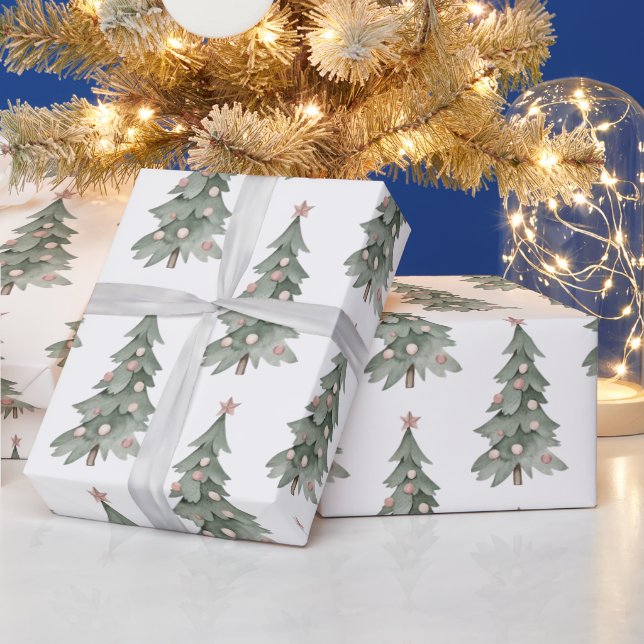 White Boho Blush Pink Green Christmas Tree  Wrapping Paper (Holidays)