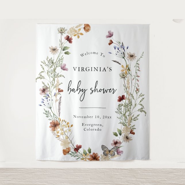 White Boho Floral Baby Shower Tapestry (Front)