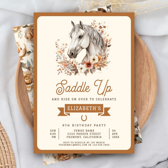 White Boho Floral Horse Cowgirl Birthday Party Invitation (Creator Uploaded)