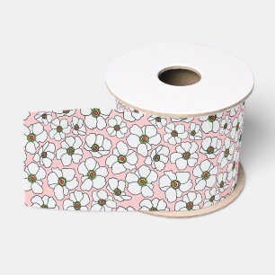 White Boho Floral Print On Pink Grosgrain Ribbon