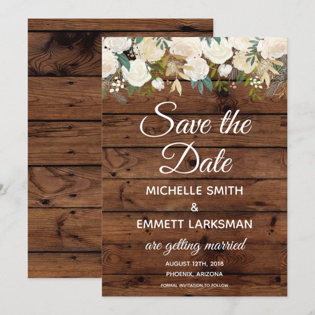 White Boho Floral Rustic Gold Save the Date Invitation (Front/Back)