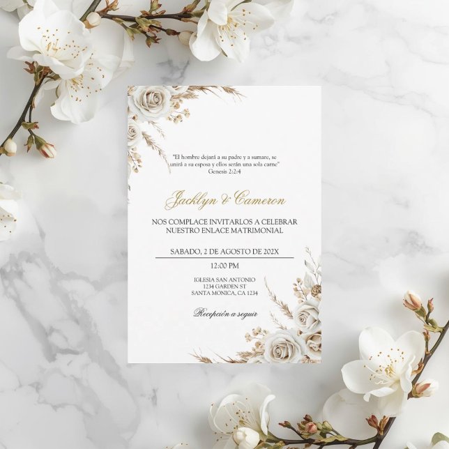 White Boho Floral Spanish Wedding Invitation (Creator Uploaded)