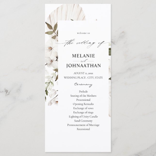 White Boho Floral Wedding Ceremony Program Programme (Front)